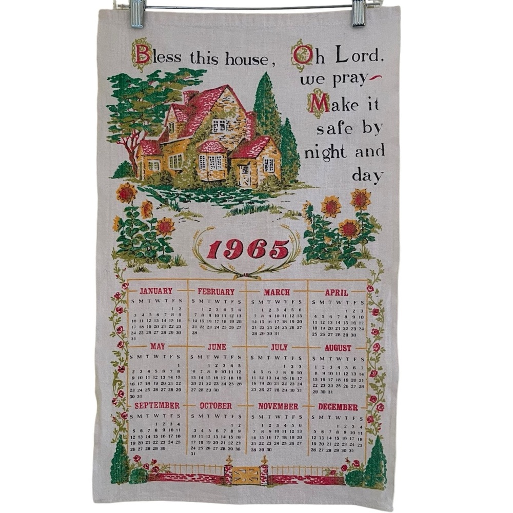 Vintage 1965 Calendar Linen Tea Towel "Bless This House"